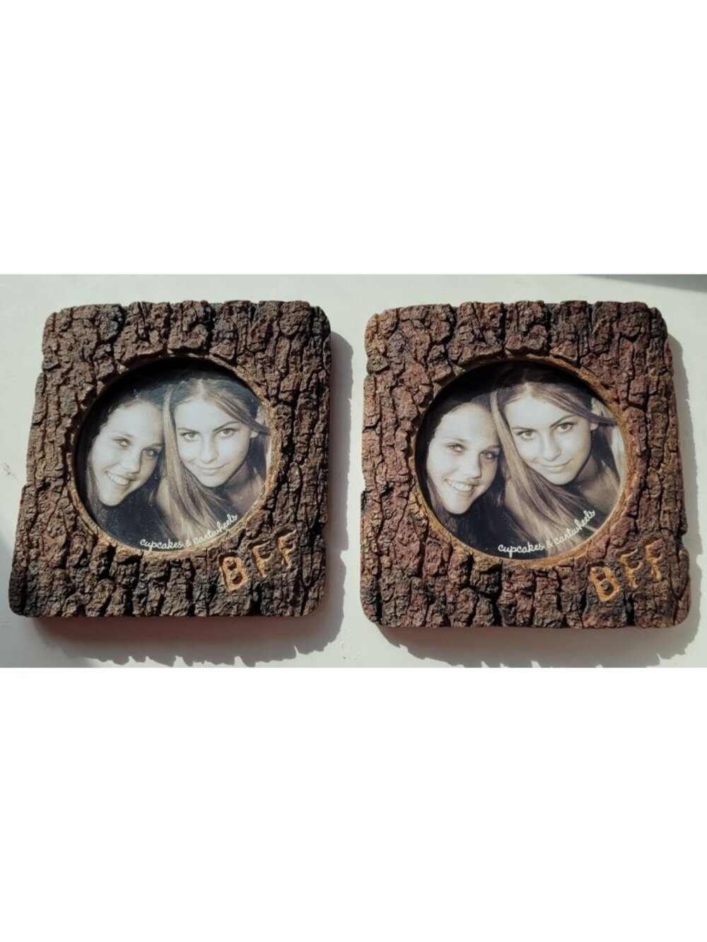 Rustic Bark-Look BFF Photo Frame Set 4x4 Inches Cupcakes & Cartwheels Design‎